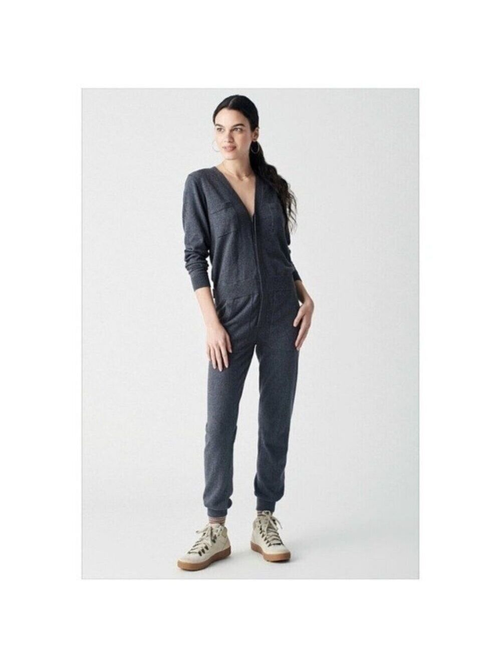 Faherty Arlie Day Jumpsuit Navy Blue Long Sleeves Joggers Tie Soft Cotton XL